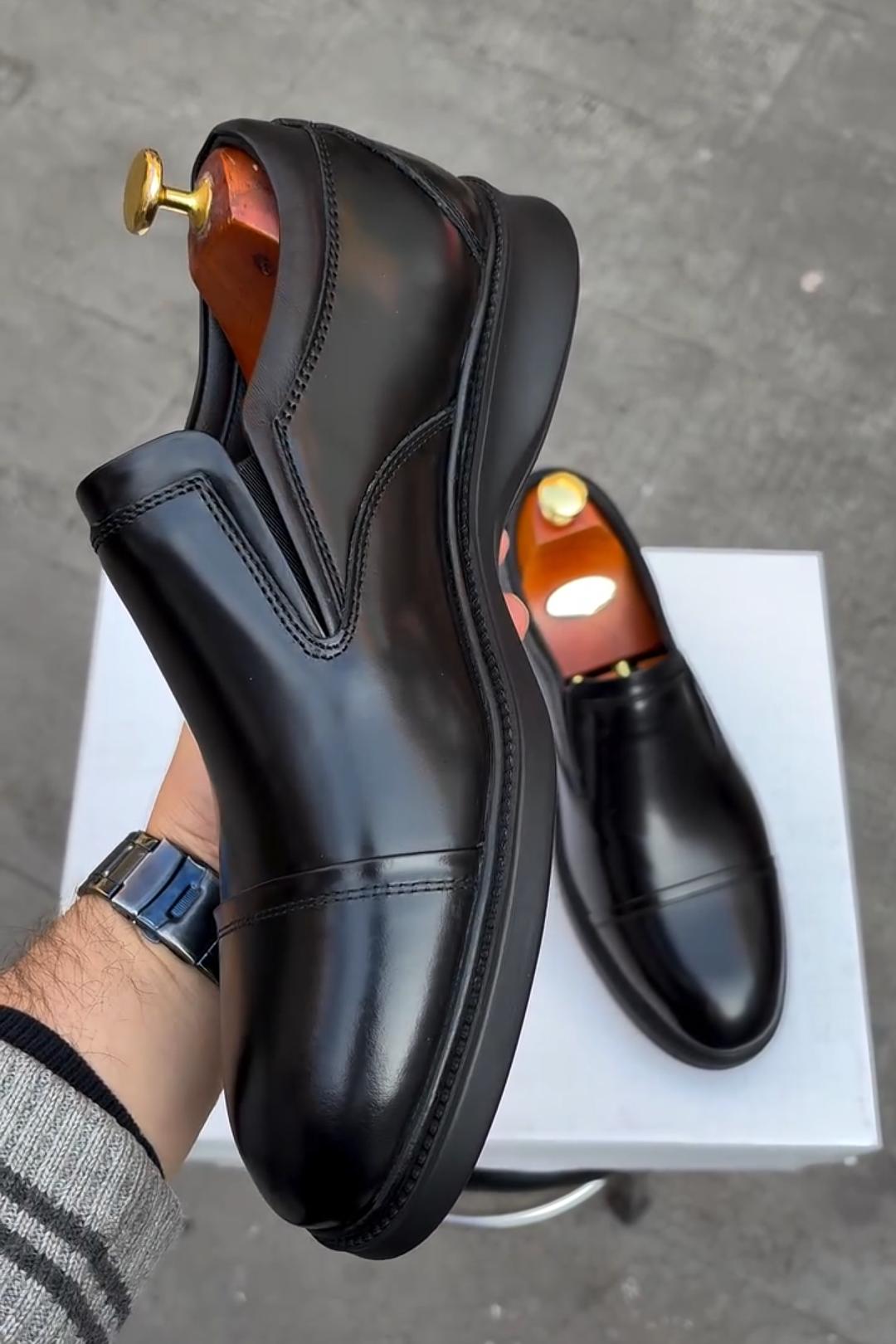 Glossy Black Slip-On Leather Loafers