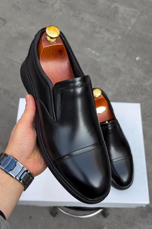 Glossy Black Slip-On Leather Loafers