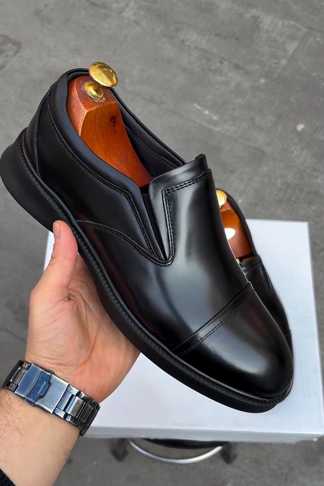 Glossy Black Slip-On Leather Loafers