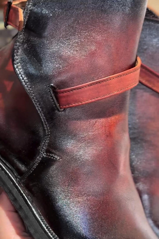 Distressed Red Adjustable Strap Ankle Boots