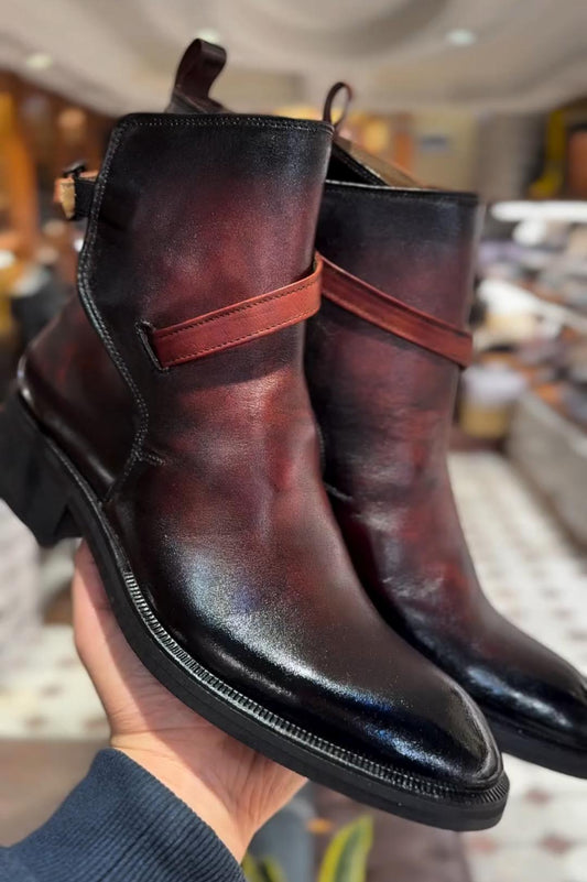 Distressed Red Adjustable Strap Ankle Boots