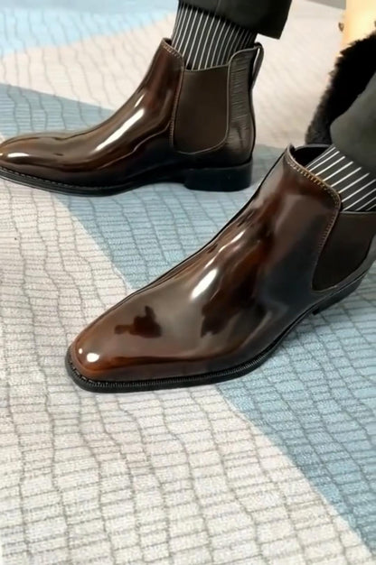 Men’s Glossy Patent Leather Ankle Boots