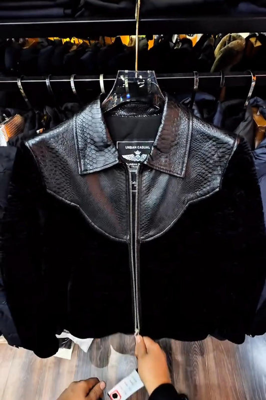 Trendy Short Plush Leather Panel Jacket