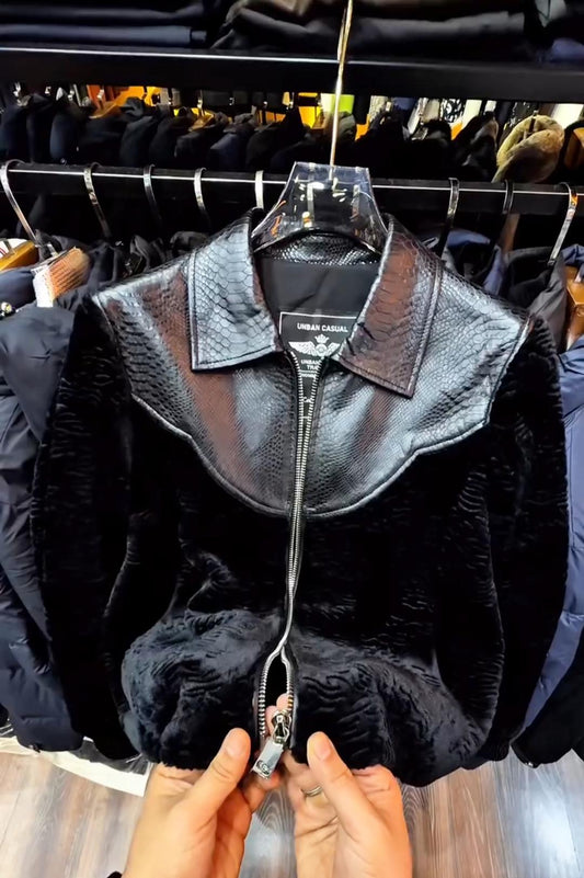 Trendy Short Plush Leather Panel Jacket