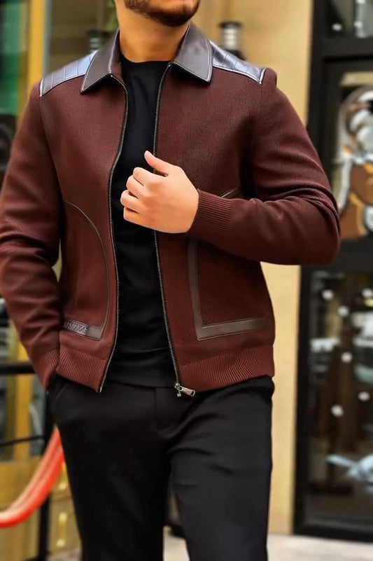 Leather-Trim Collar Slim-Fit Jacket
