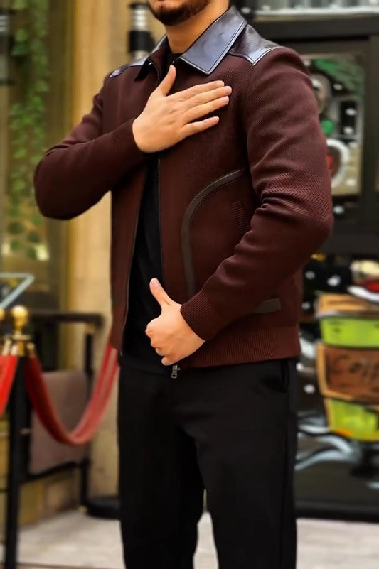 Leather-Trim Collar Slim-Fit Jacket