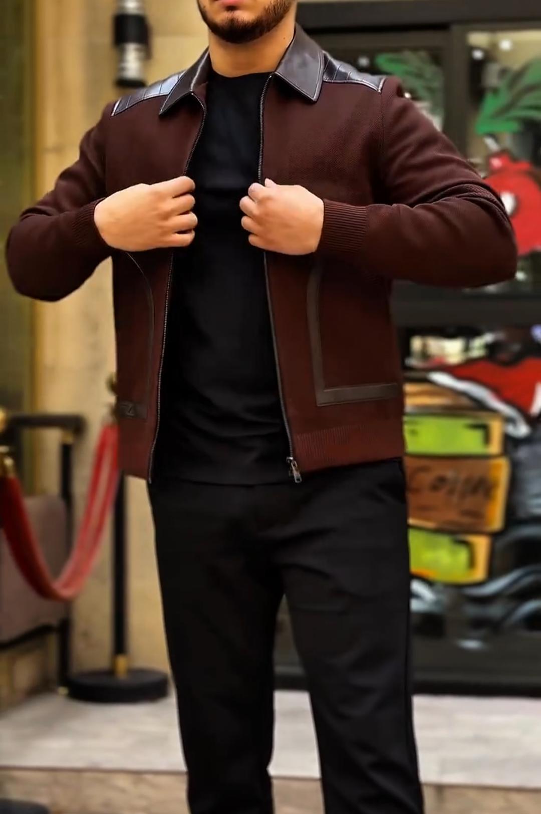 Leather-Trim Collar Slim-Fit Jacket