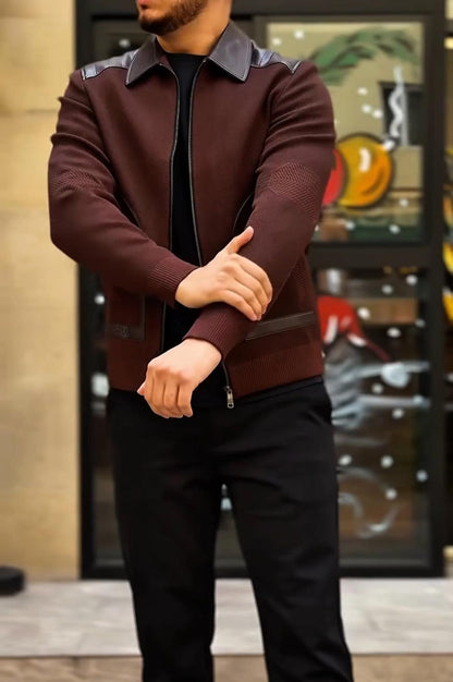 Leather-Trim Collar Slim-Fit Jacket