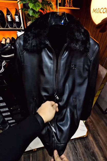 Men’s Zip-Front Leather Jacket with Faux Fur Collar
