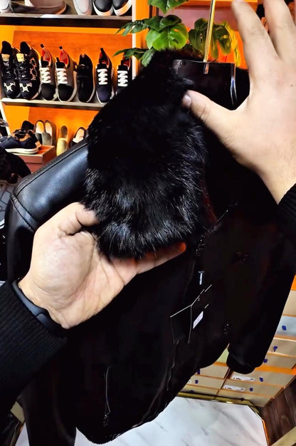 Men’s Zip-Front Leather Jacket with Faux Fur Collar