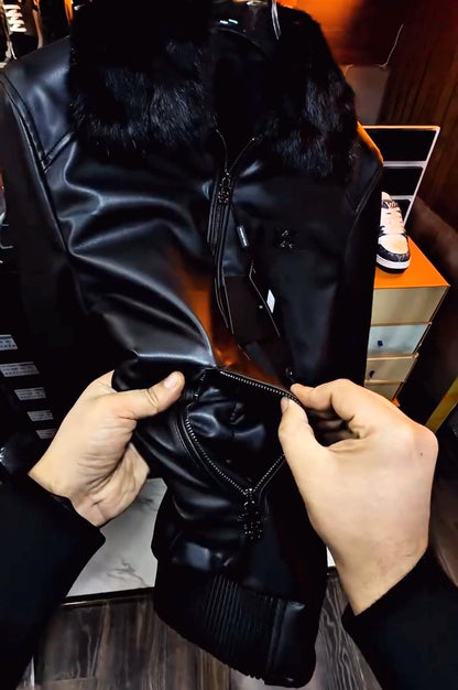 Men’s Zip-Front Leather Jacket with Faux Fur Collar