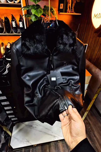 Men’s Zip-Front Leather Jacket with Faux Fur Collar
