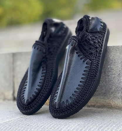 Soft Sole Crochet Knit & Leather Slip-On Loafers