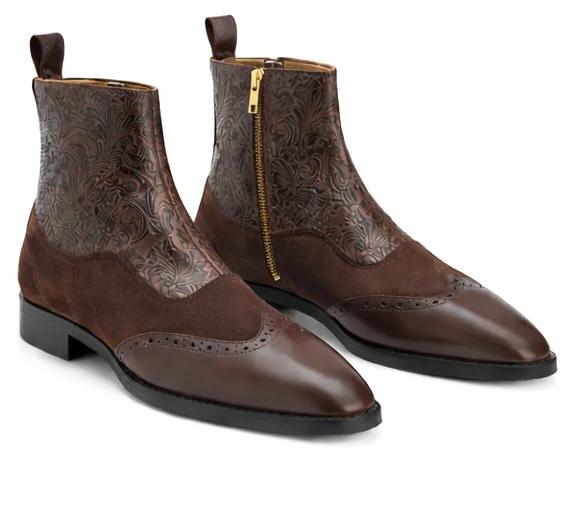 Men's Embossed Leather Brogue Zip Aankle Boots