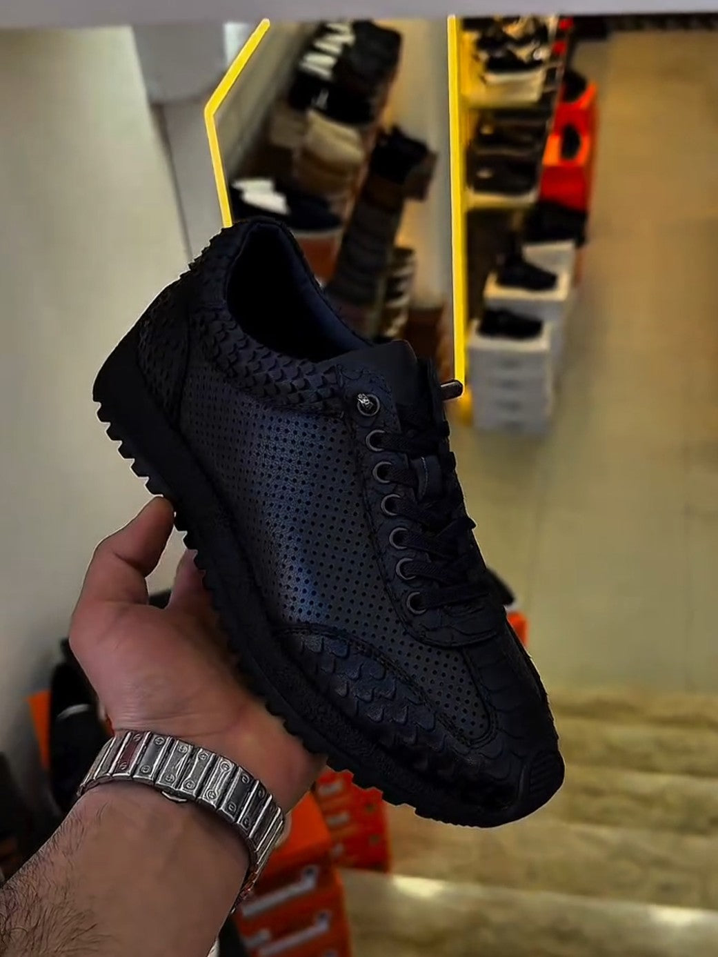 Men's Black Leather Mash Panel Sneaker