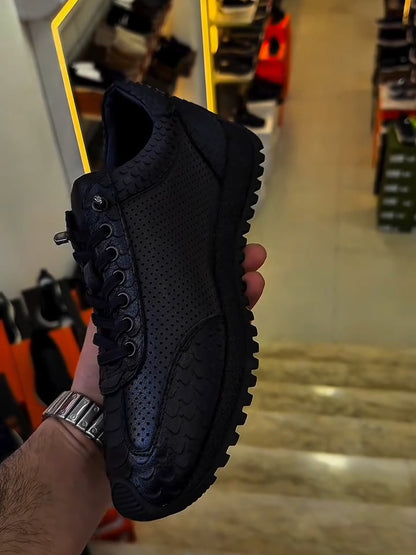 Men's Black Leather Mash Panel Sneaker