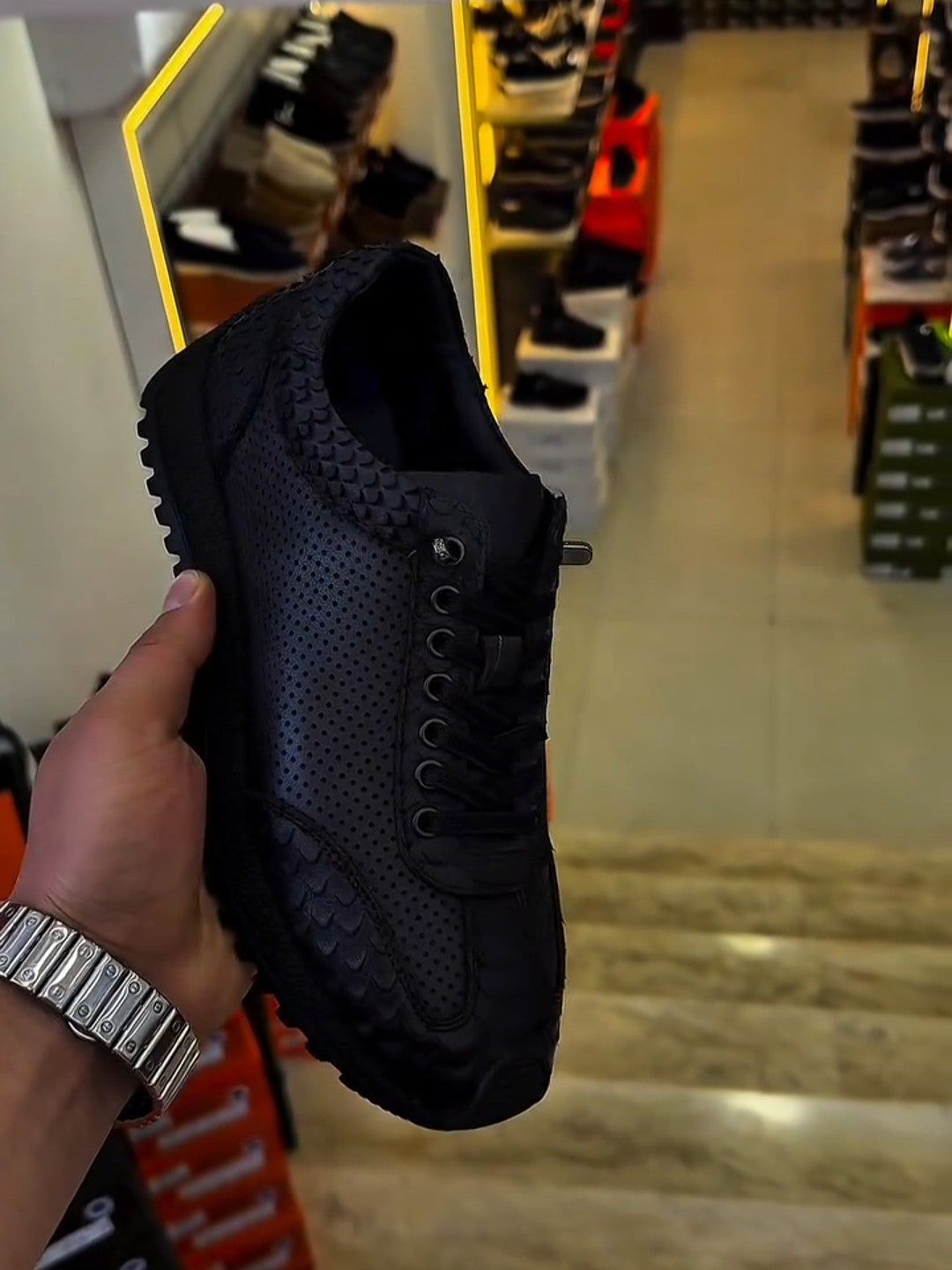 Men's Black Leather Mash Panel Sneaker