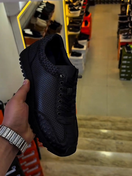 Men's Black Leather Mash Panel Sneaker