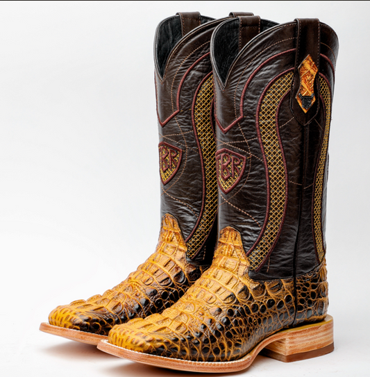 Two-Tone Caiman Neck Leather Boots - Square Toe