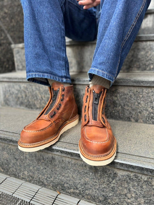 Vintage Rough & Tough Leather Front-Zip Lace-Up Ankle Boots