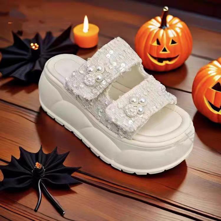 Women's Glitter Beaded Slides - Double Strap Platform Sandals