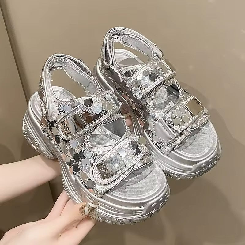 8CM Bling Platform Sandals: Beaded Double Strap Wedge Slides