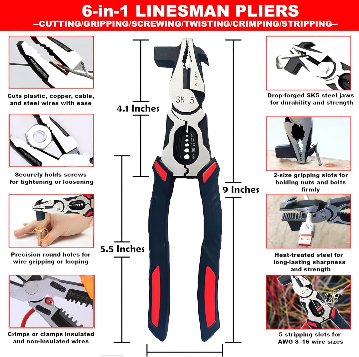 Heavy-Duty 6-in-1 Wire Stripping & Crimping Pliers