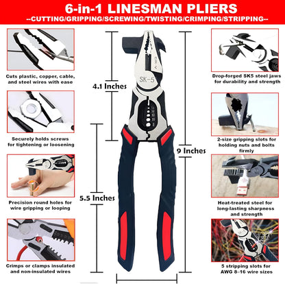Heavy-Duty 6-in-1 Wire Stripping & Crimping Pliers