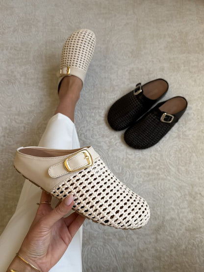 Metallic Woven Buckle Mule Loafers