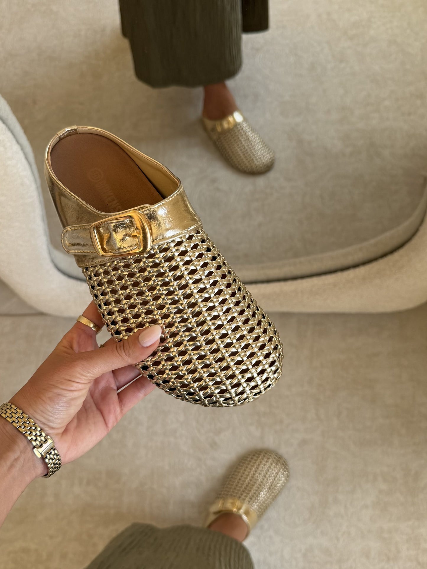 Metallic Woven Buckle Mule Loafers