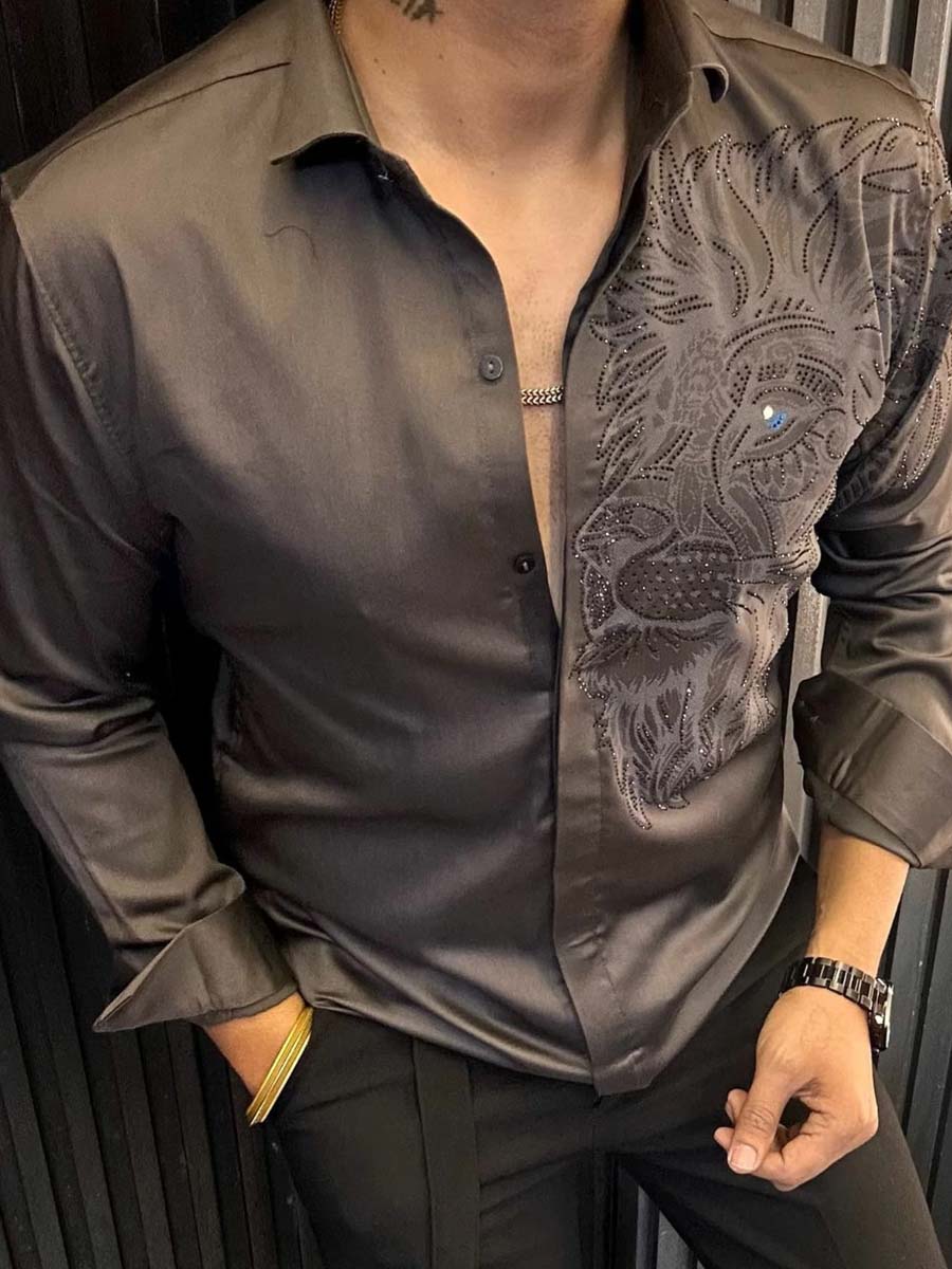 Men's Digital Print Lapel Long Sleeve Shinny Shirt