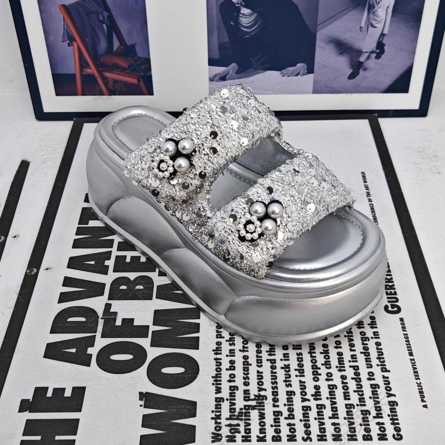 Women's Glitter Beaded Slides - Double Strap Platform Sandals