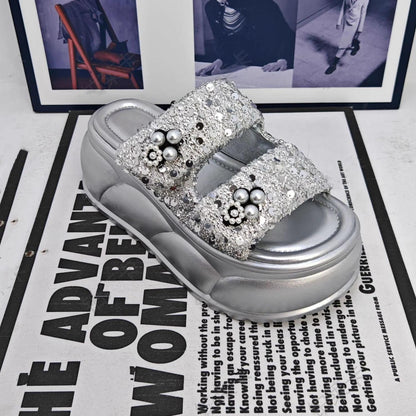Women's Glitter Beaded Slides - Double Strap Platform Sandals