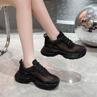 Women's Textile Mash Sparkling Sequin Thick Sole Sneakers