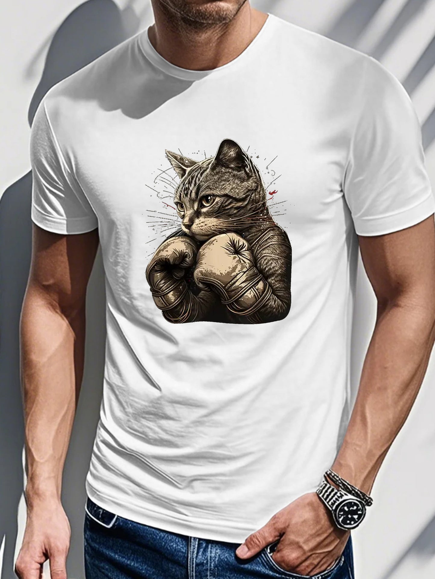 Lightweight Breathable Cotton Men's Casual Black T-Shirt - Boxing Cat Graphic