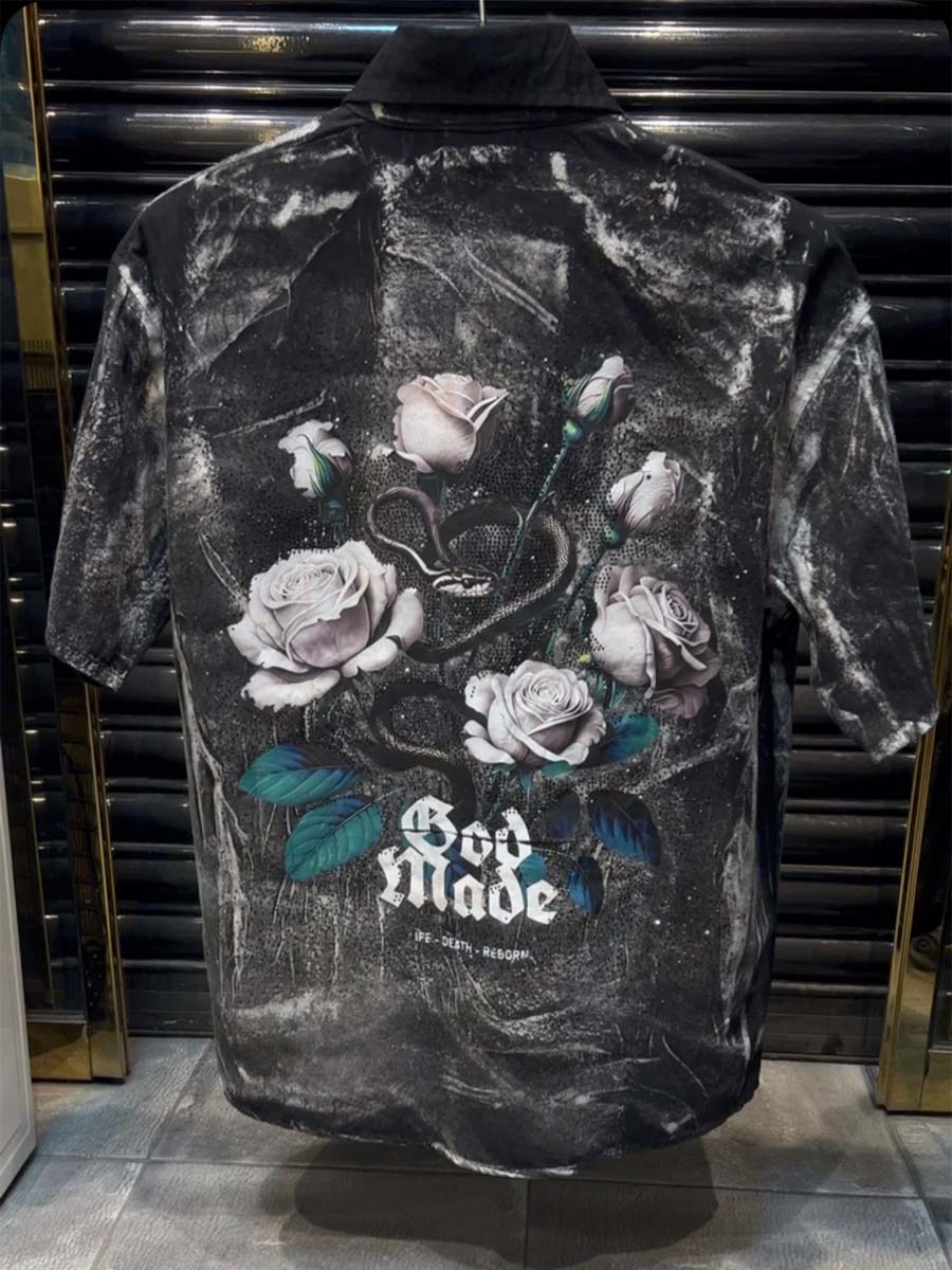 Men's Shinny Rose-print Polo Shirt