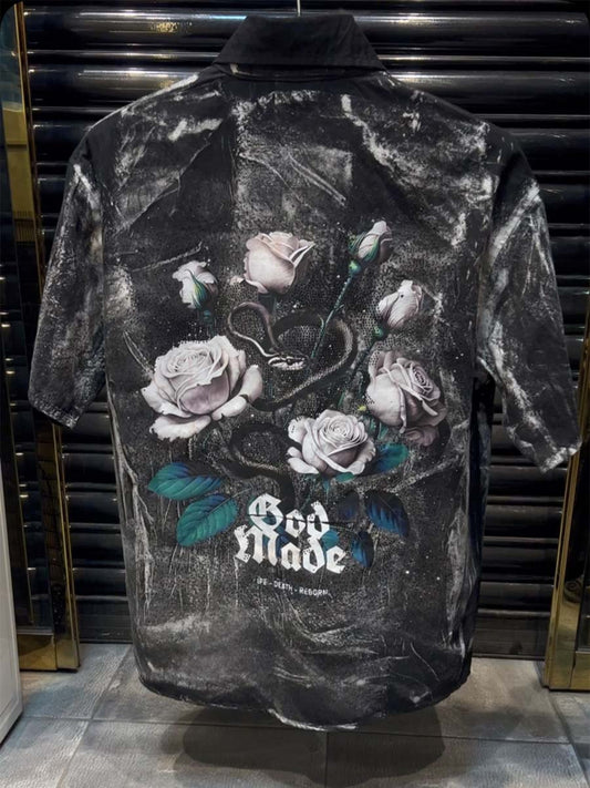 Men's Shinny Rose-print Polo Shirt