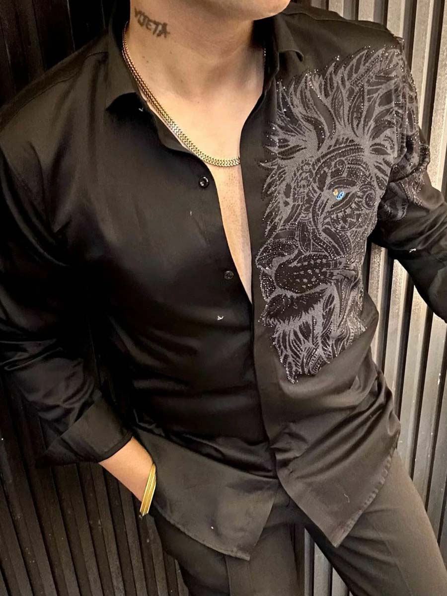 Men's Digital Print Lapel Long Sleeve Shinny Shirt