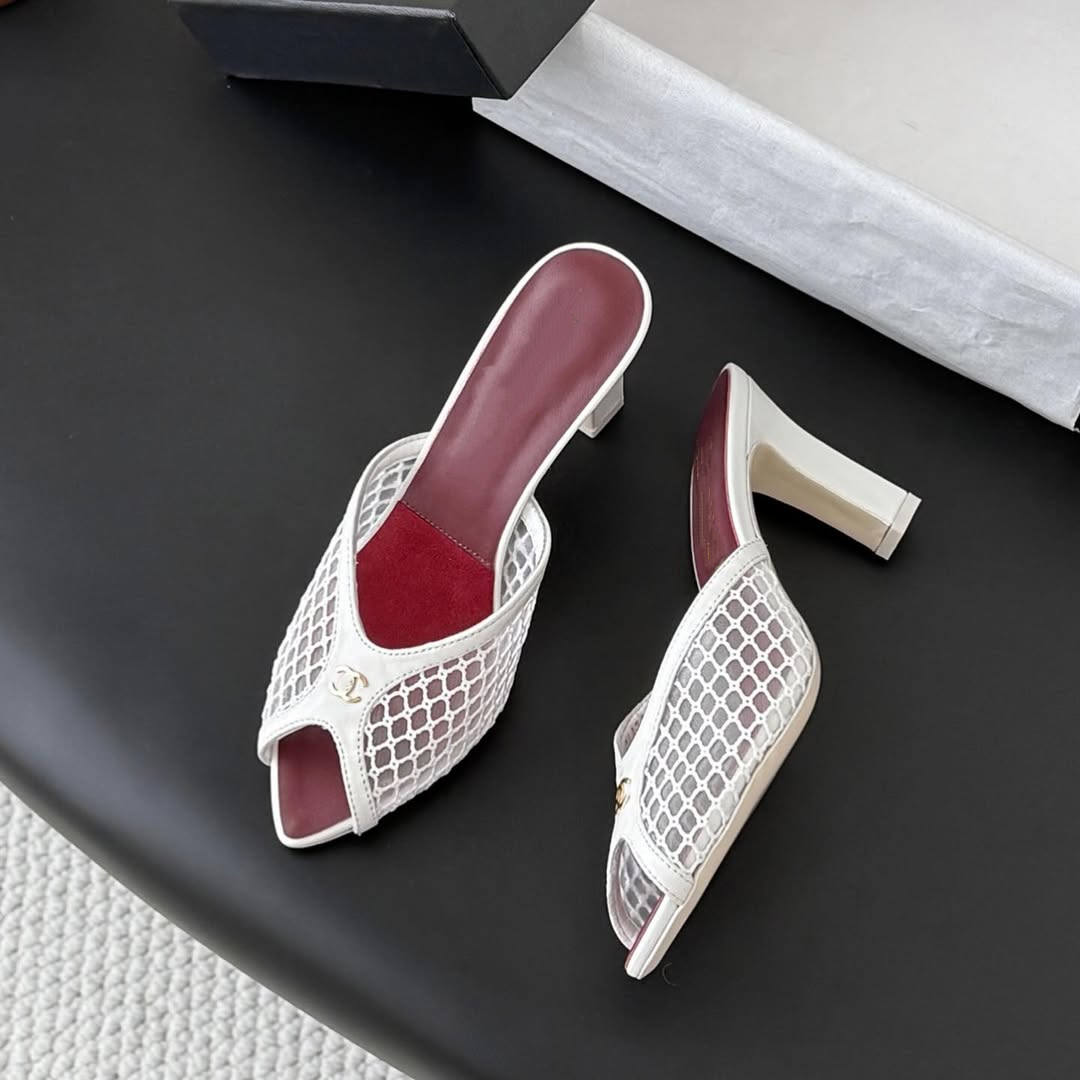 Mesh & Leather CC Open Toe Slip-On Mule Sandals