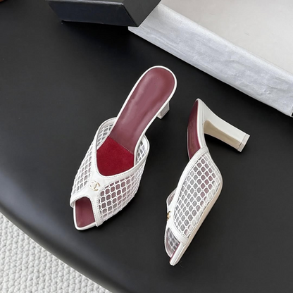 Mesh & Leather CC Open Toe Slip-On Mule Sandals
