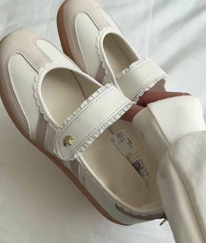 Vintage T Toe Casual Terrace Flats featuring Sweet Ruffled Trim and Midfoot Strap