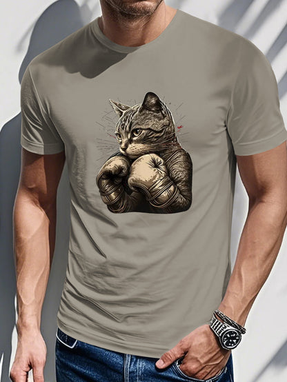 Lightweight Breathable Cotton Men's Casual Black T-Shirt - Boxing Cat Graphic