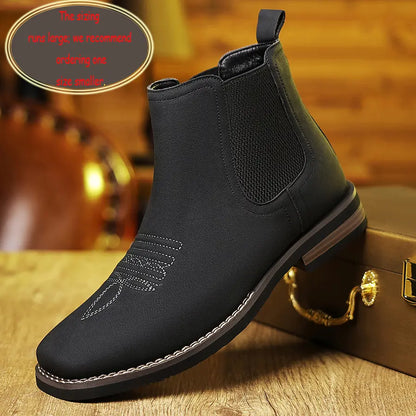 Men's Western Cowboy Boots Square-Toe Chelsea Ankle Boots