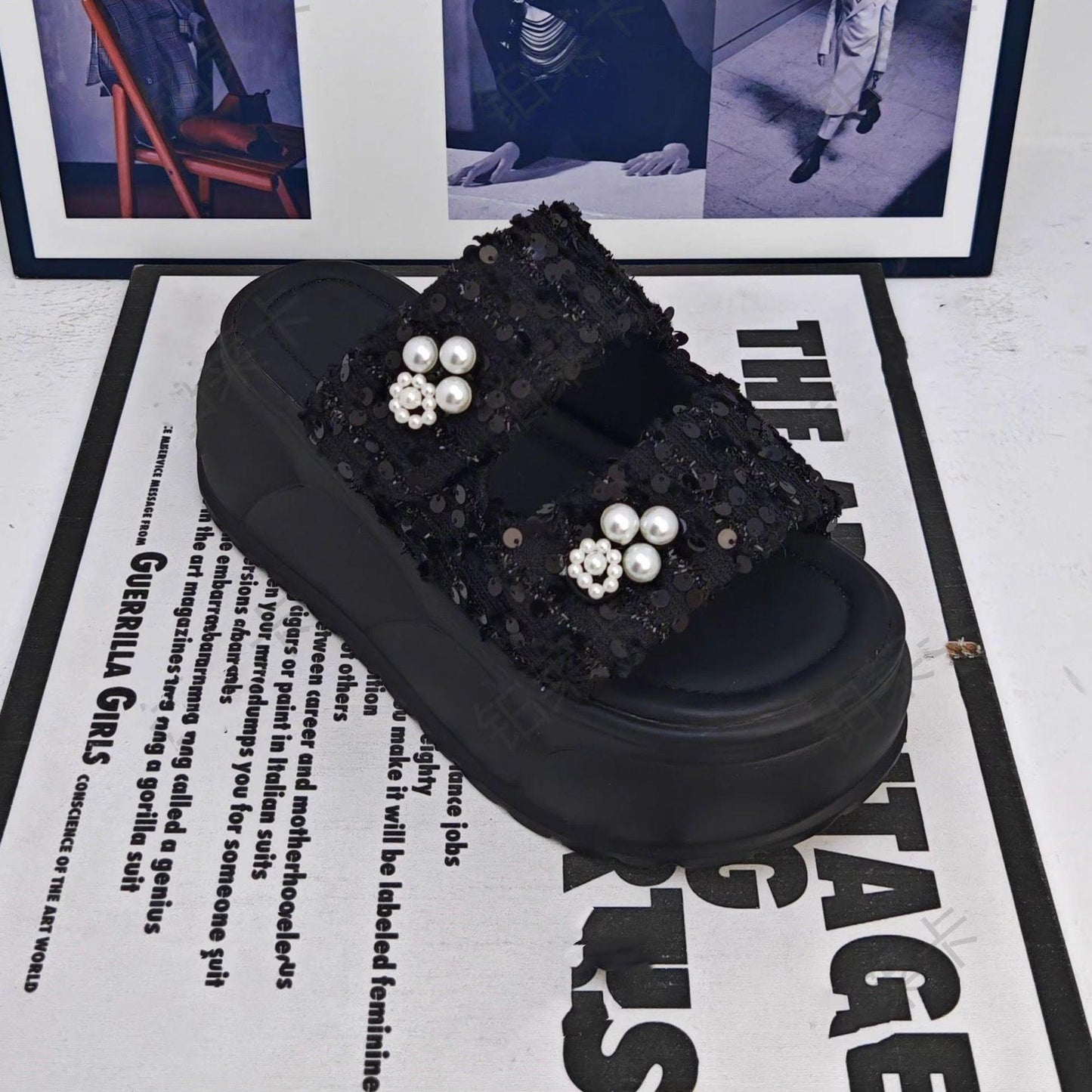 Women's Glitter Beaded Slides - Double Strap Platform Sandals
