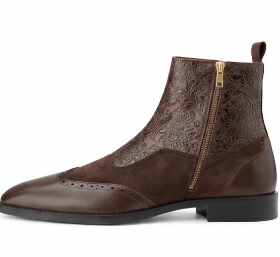 Men's Embossed Leather Brogue Zip Aankle Boots