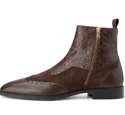 Men's Embossed Leather Brogue Zip Aankle Boots