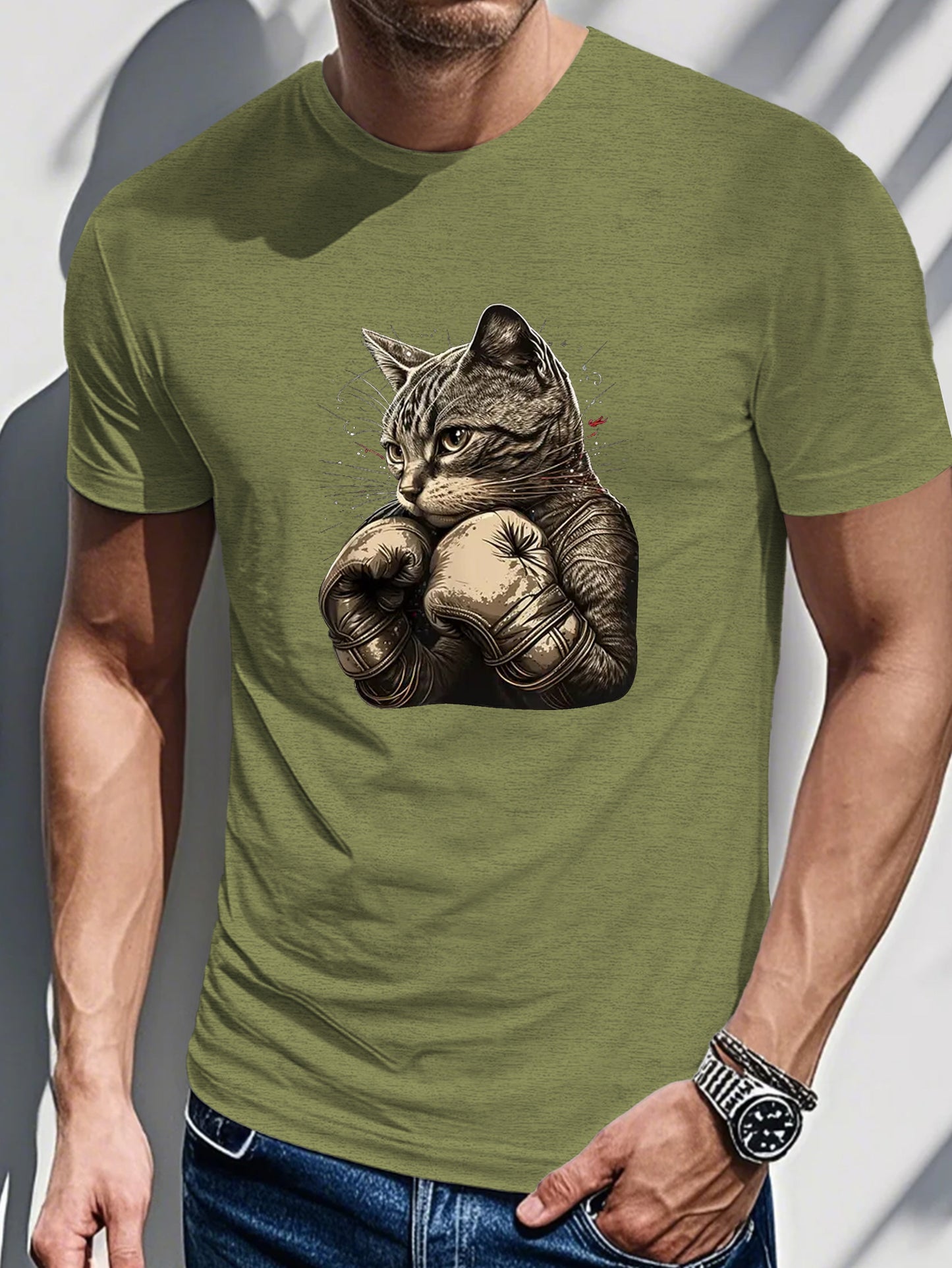 Lightweight Breathable Cotton Men's Casual Black T-Shirt - Boxing Cat Graphic