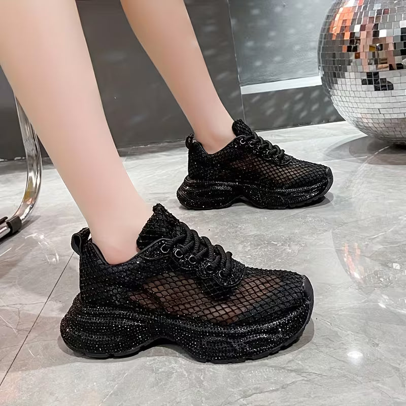 Women's Textile Mash Sparkling Sequin Thick Sole Sneakers