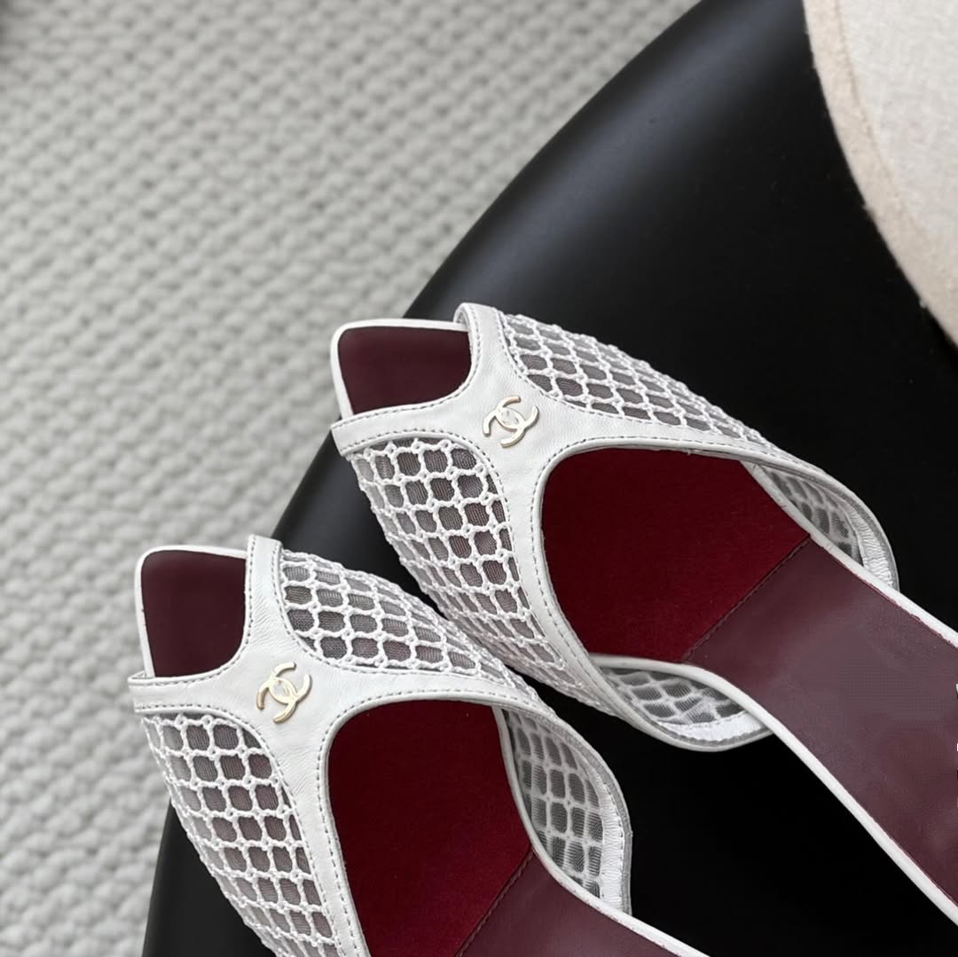Mesh & Leather CC Open Toe Slip-On Mule Sandals