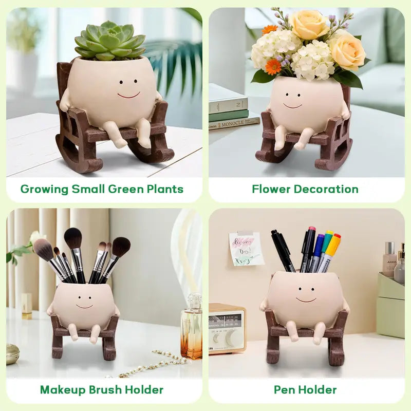Smily Face Rocking Chair Cute Resin Flower Head Succulent Planter Pots with Drainage Hole